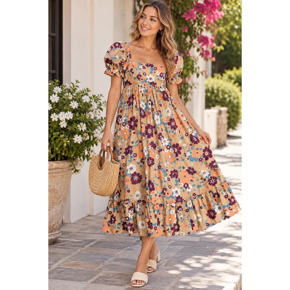 Storia Floral Puff Sleeve Midi Dress Tan Purple Orange Square Neck NWT Size L